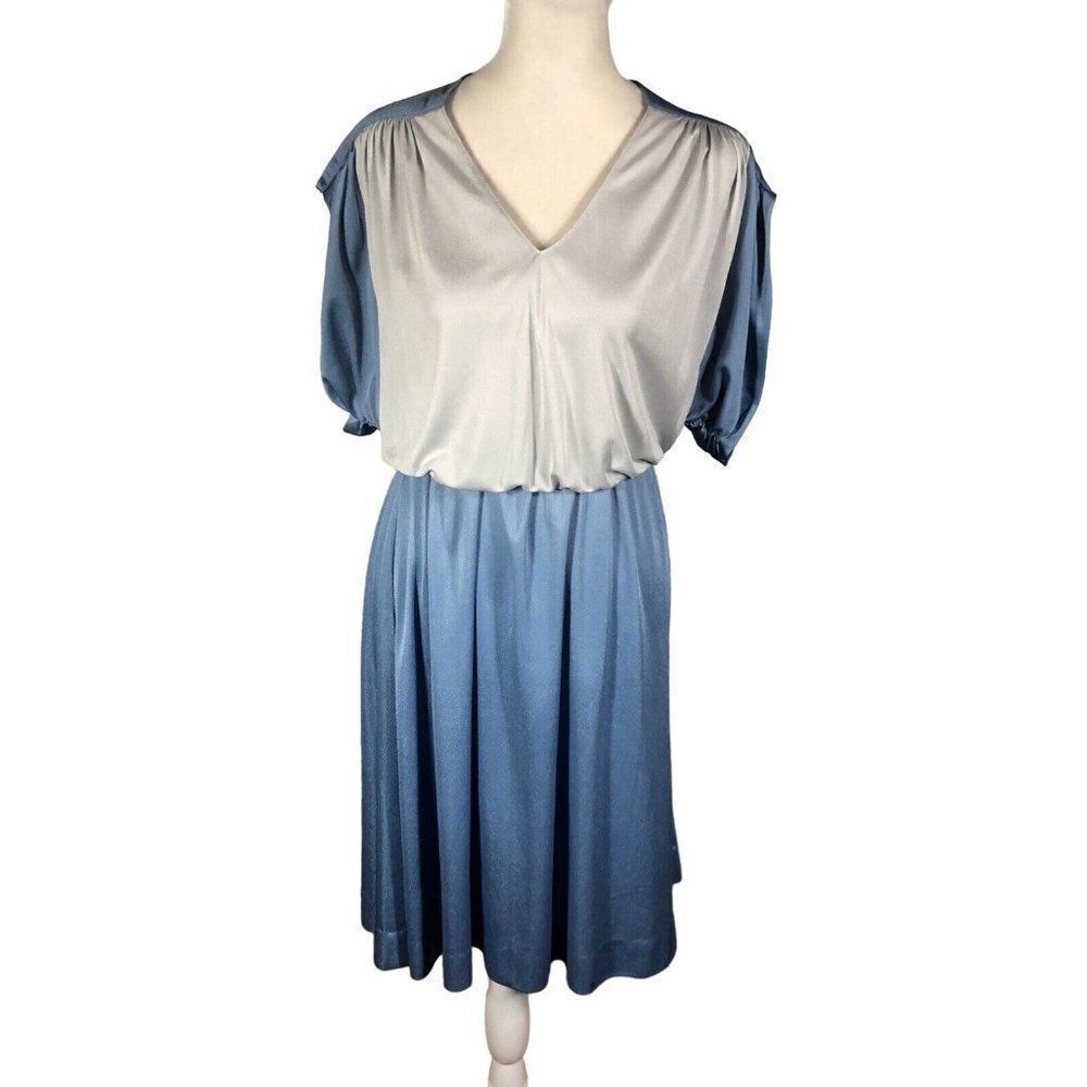 Vtg 70 Act I Blue Silver Blouson Disco Polyester Dress Medium Stretch 1/2 Sleeve